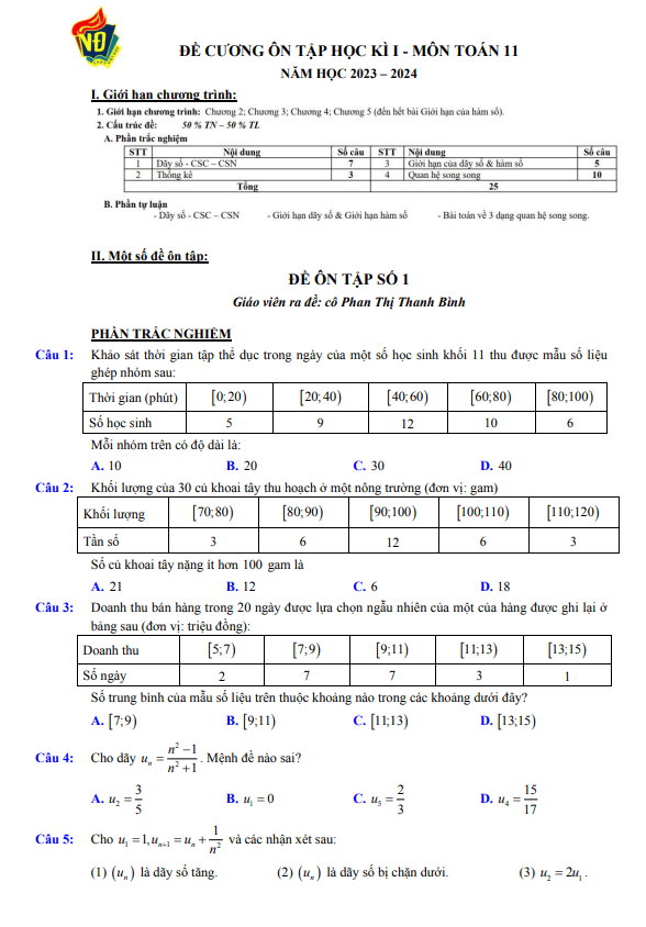 03 đề ôn tập cuối học kì 1 (HK1) lớp 11 môn Toán năm 2023 2024 trường THPT Việt Đức Hà Nội