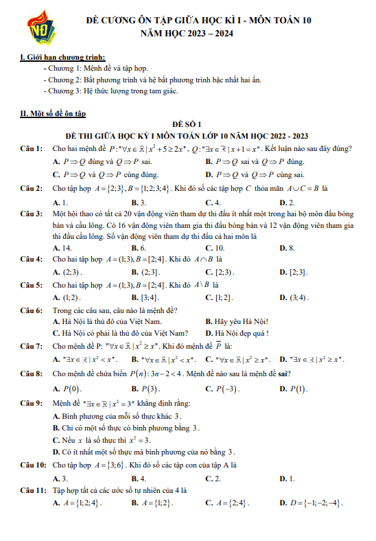03 đề ôn tập giữa học kì 1 (HK1) lớp 10 môn Toán năm 2023 2024 trường THPT Việt Đức Hà Nội