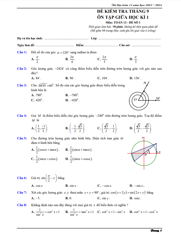 03 đề ôn tập kiểm tra giữa học kì 1 (HK1) lớp 11 môn Toán năm học 2023 2024