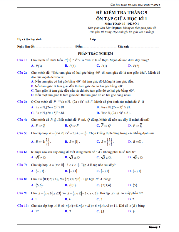 04 đề ôn tập kiểm tra giữa học kì 1 (HK1) lớp 10 môn Toán năm học 2023 2024