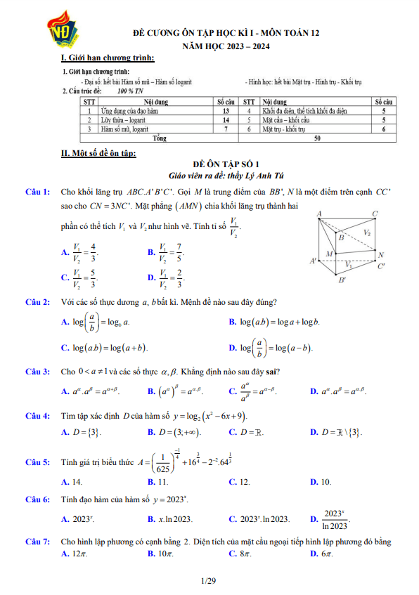 05 đề ôn tập cuối học kì 1 (HK1) lớp 12 môn Toán năm 2023 2024 trường THPT Việt Đức Hà Nội