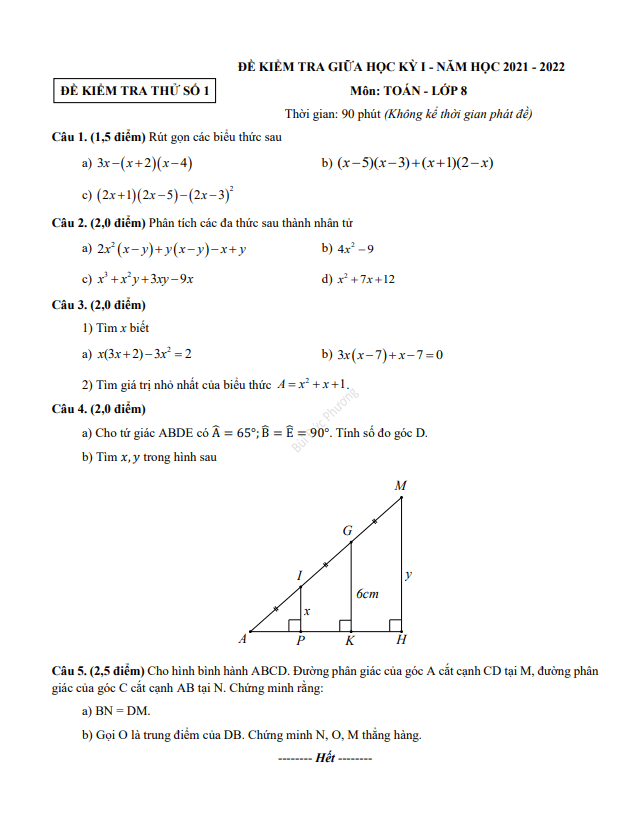 05 đề ôn tập kiểm tra giữa học kì 1 (HK1) lớp 8 môn Toán năm học 2021 2022