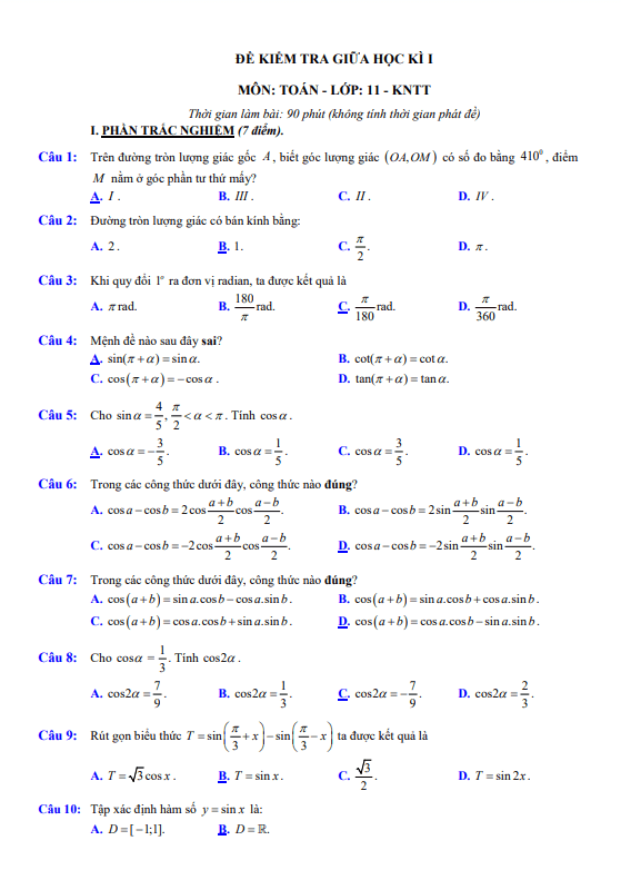 07 đề tham khảo kiểm tra giữa học kì 1 (HK1) lớp 11 môn Toán KNTTVCS