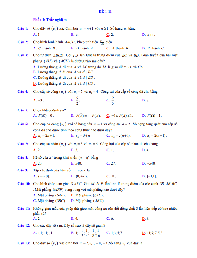 10 đề (70% trắc nghiệm + 30% tự luận) ôn thi cuối học kì 1 (HK1) lớp 11 môn Toán