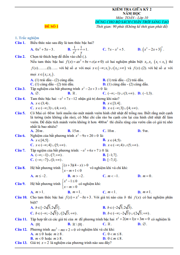 10 đề kiểm tra giữa học kì 2 (HK2) lớp 10 môn Toán Chân Trời Sáng Tạo có đáp án và lời giải