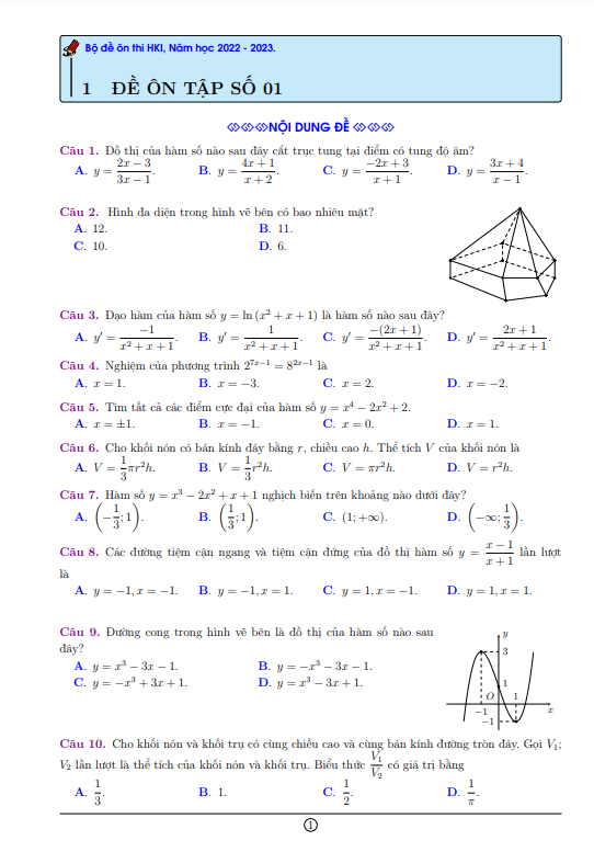 10 đề ôn tập cuối học kì 1 (HK1) lớp 12 môn Toán mức độ cơ bản
