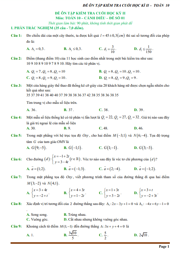 10 đề ôn tập cuối học kì 2 (HK2) lớp 10 môn Toán Cánh Diều (70% TN + 30% TL)