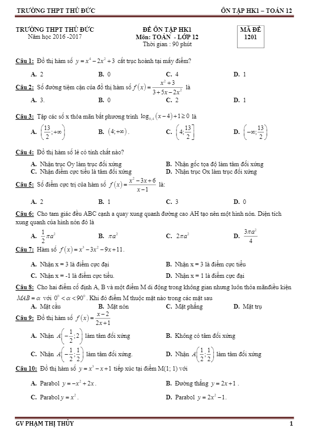 10 đề ôn tập HKI lớp 12 môn Toán THPT Thủ Đức, TP. HCM
