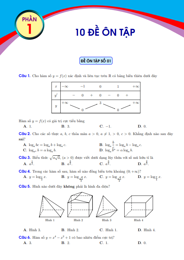 10 đề ôn tập thi học kì 1 (HK1) lớp 12 môn Toán có đáp án và lời giải chi tiết