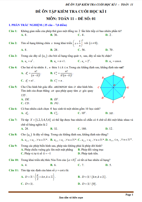12 đề ôn tập kiểm tra cuối học kì 1 (HK1) lớp 11 môn Toán (70% TN + 30% TL)