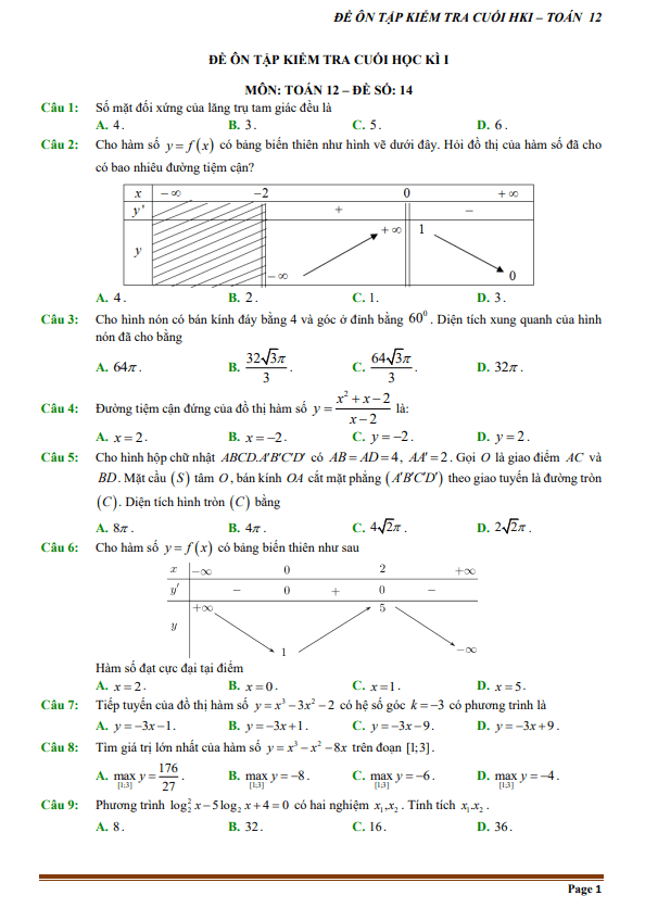 12 đề ôn tập kiểm tra cuối học kì 1 (HK1) lớp 12 môn Toán (100% trắc nghiệm)