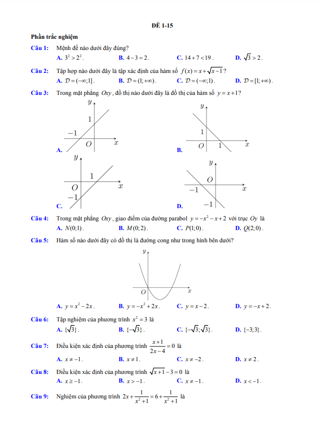 15 đề (70% trắc nghiệm + 30% tự luận) ôn thi cuối học kì 1 (HK1) lớp 10 môn Toán