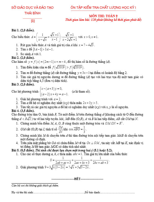 20 đề ôn tập kiểm tra chất lượng học kì 1 (HK1) lớp 9 môn Toán sở GD và ĐT Thái Bình