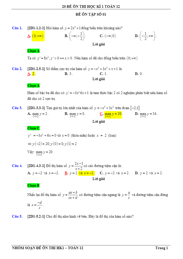 20 đề ôn tập thi học kì 1 (HK1) lớp 12 môn Toán có đáp án và lời giải chi tiết