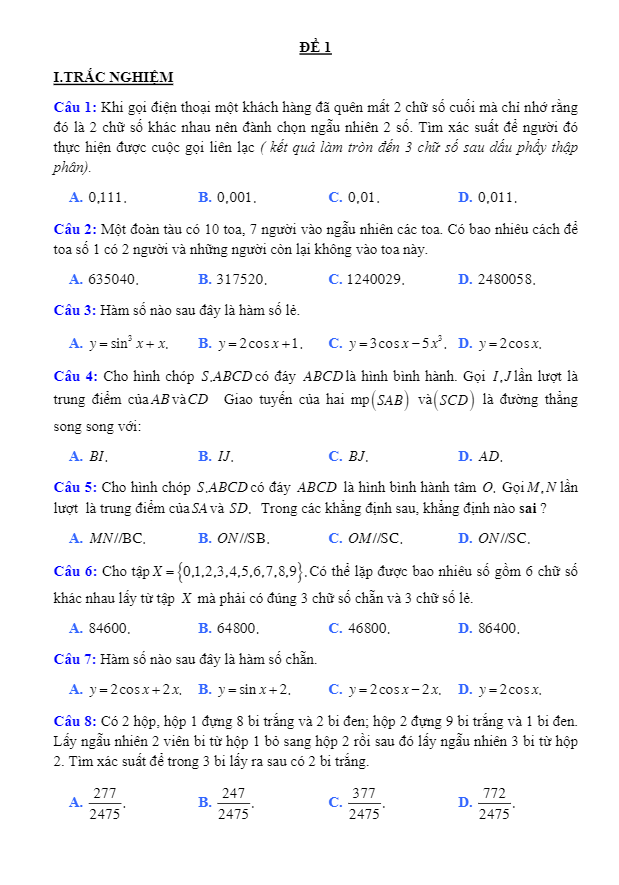 20 đề trắc nghiệm tự luận ôn tập thi học kì 1 (HK1) lớp 11 môn Toán có đáp án