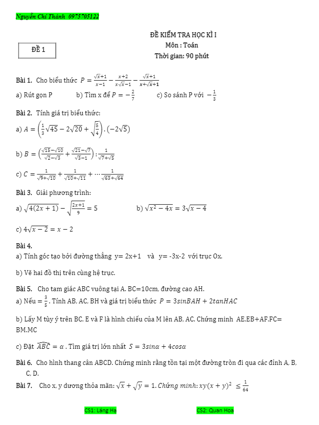 35 đề thi học kỳ I lớp 9 môn Toán Nguyễn Chí Thành