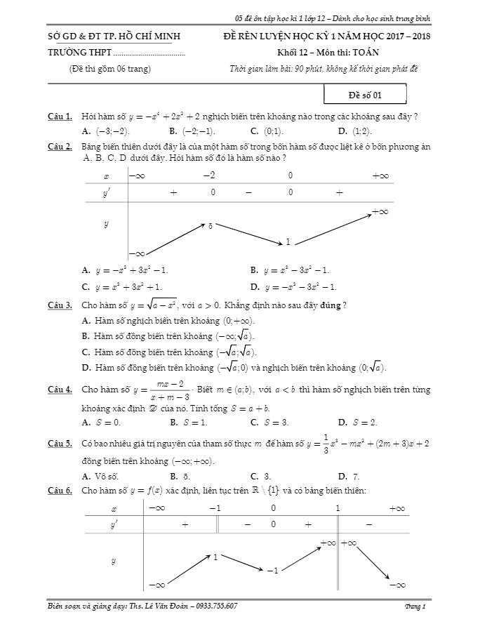 5 đề rèn luyện HKI năm học 2017 2018 lớp 12 môn Toán (dành cho học sinh trung bình) Lê Văn Đoàn