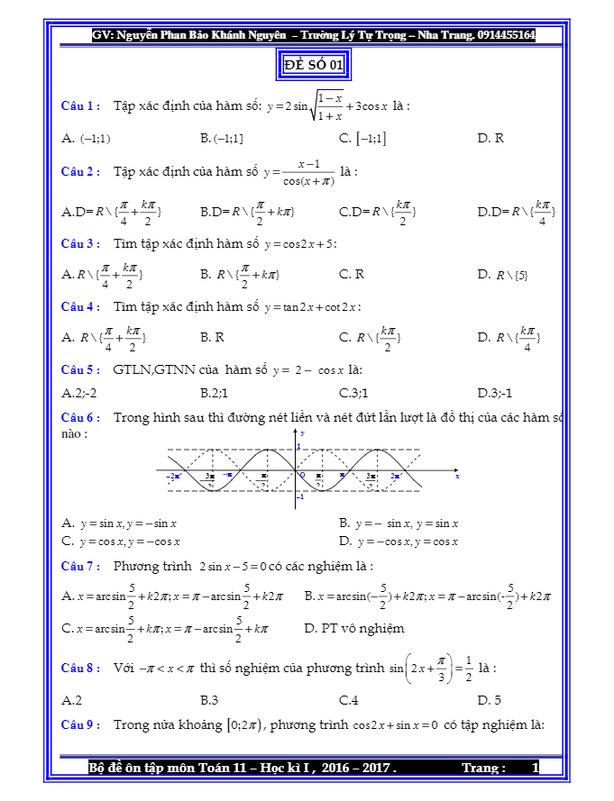 5 đề trắc nghiệm ôn tập HKI lớp 11 môn Toán Nguyễn Khánh Nguyên