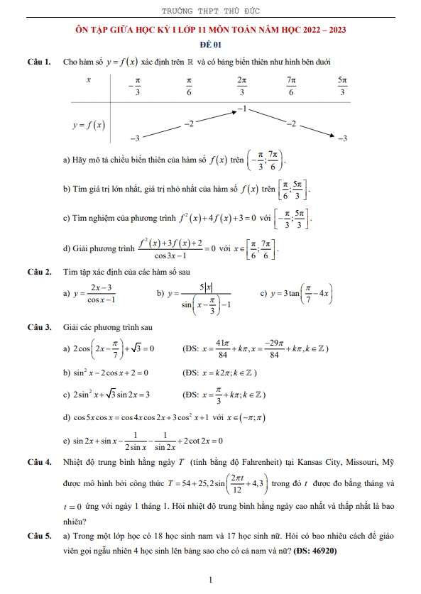 7 đề ôn tập giữa học kì 1 (HK1) lớp 11 môn Toán năm 2022 2023 trường THPT Thủ Đức TP HCM