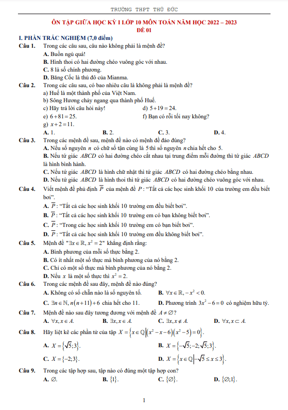 8 đề ôn tập giữa học kì 1 (HK1) lớp 10 môn Toán năm 2022 2023 trường THPT Thủ Đức TP HCM