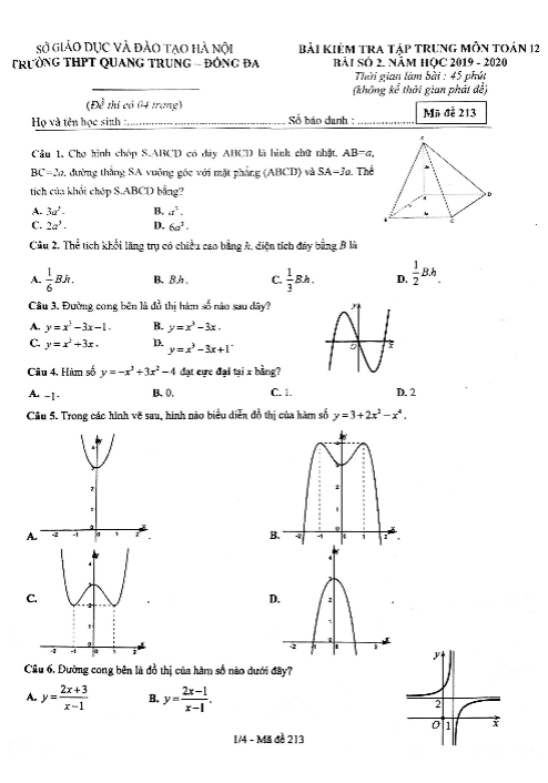 Bài kiểm tra số 2 lớp 12 môn Toán năm 2019 2020 trường THPT Quang Trung Hà Nội
