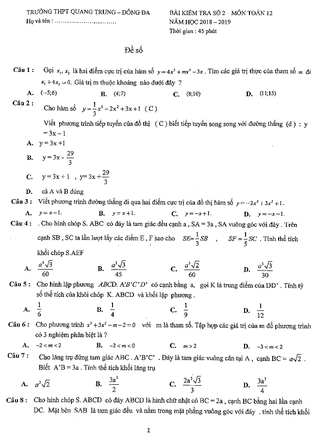 Bài kiểm tra số 2 lớp 12 môn Toán năm học 2018 2019 trường THPT Quang Trung Đống Đa