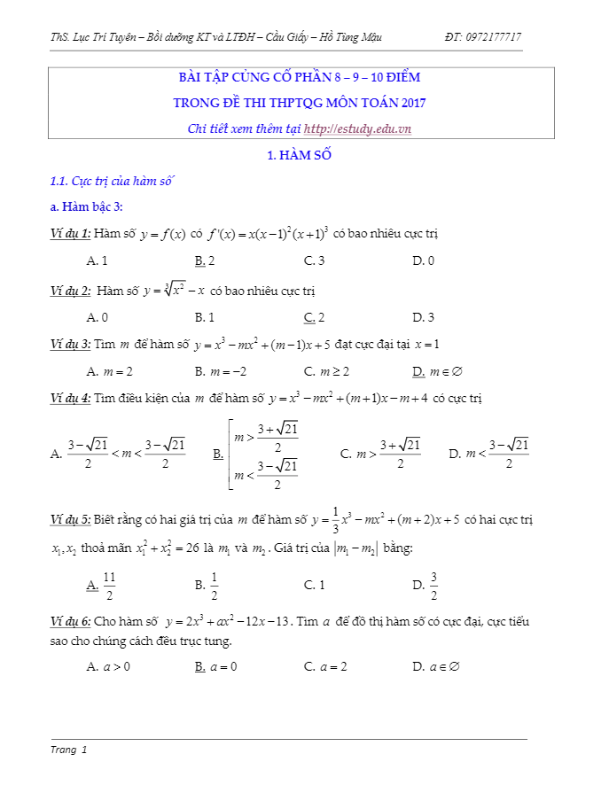 Bài tập củng cố phần 8 – 9 – 10 điểm trong đề thi THPT Quốc gia 2017 môn Toán Lục Trí Tuyên