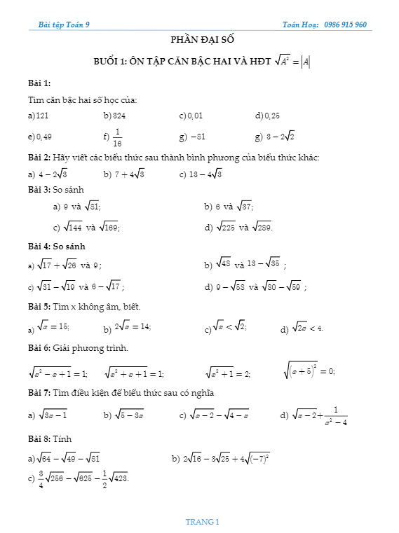 Bài tập lớp 9 môn Toán học kì 1 (HK1)