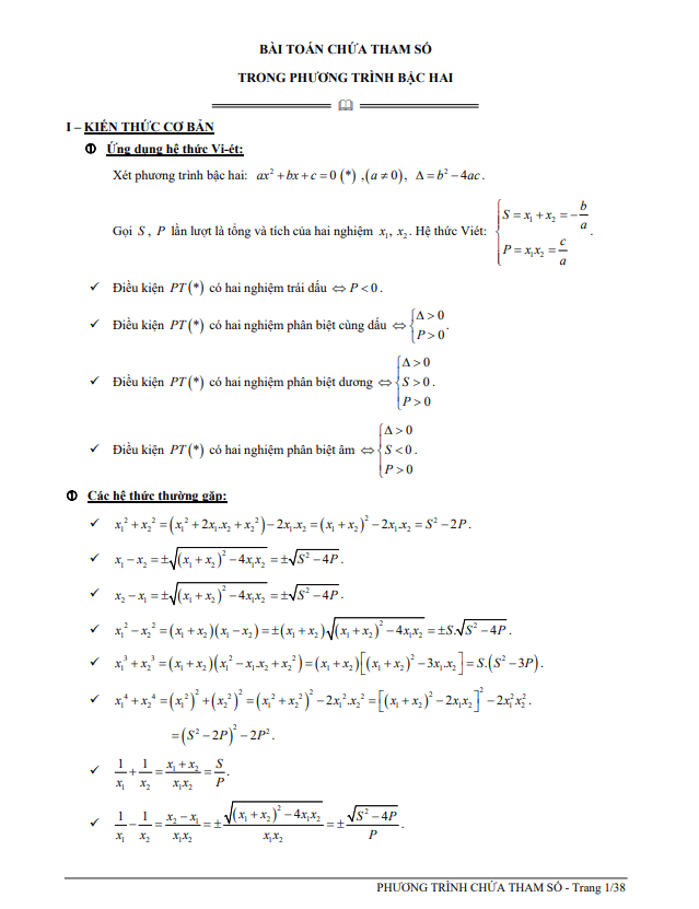 Bài toán chứa tham số trong phương trình bậc hai