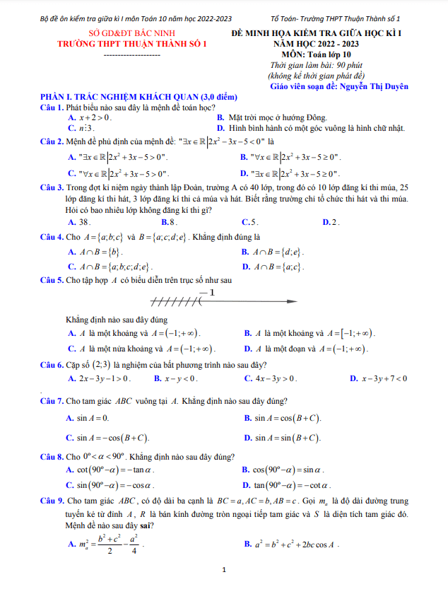 Bộ đề ôn tập giữa học kì 1 (HK1) lớp 10 môn Toán năm 2022 2023 THPT Thuận Thành 1 Bắc Ninh