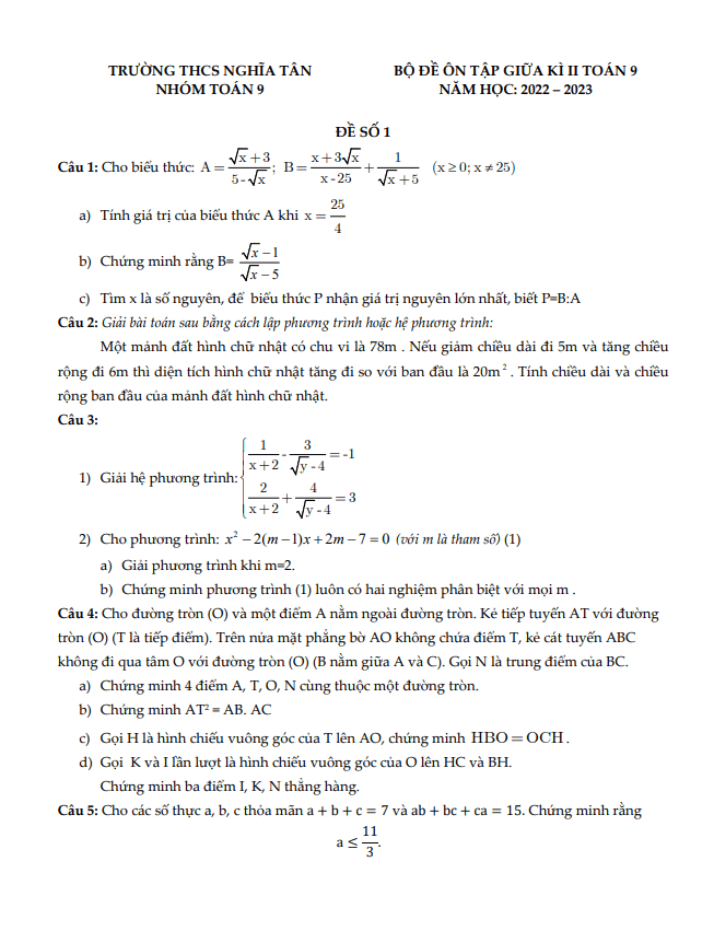 Bộ đề ôn tập giữa học kì 2 (HK2) lớp 9 môn Toán năm 2022 2023 trường THCS Nghĩa Tân Hà Nội