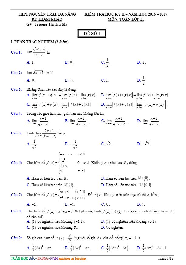 Bộ đề ôn tập học kì 2 (HK2) lớp 11 môn Toán năm học 2016 2017 trường THPT Nguyễn Trãi Đà Nẵng