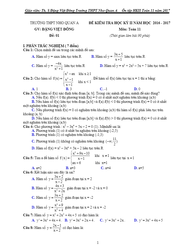 Bộ đề ôn tập học kì 2 (HK2) lớp 11 môn Toán năm học 2016 2017 trường THPT Nho Quan A Ninh Bình