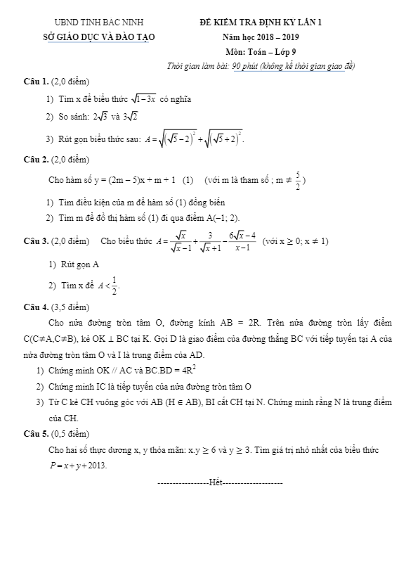 Bộ đề ôn tập thi học kì 1 (HK1) lớp 9 môn Toán năm học 2018 2019 sở GD và ĐT Bắc Ninh