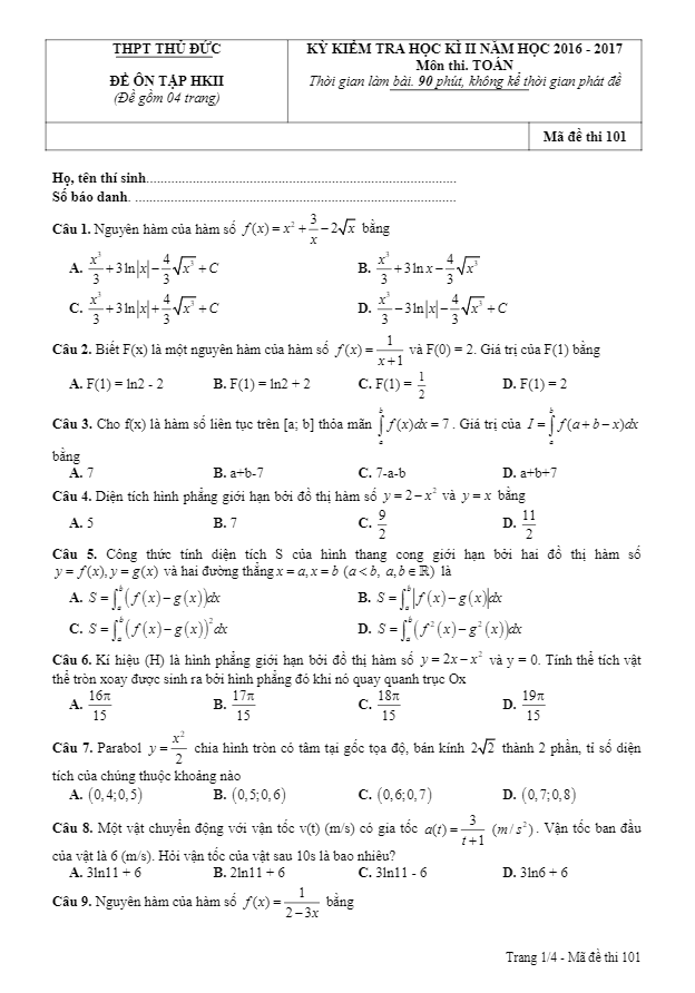 Bộ đề ôn thi học kì 2 (HK2) môn Toán năm học 2016 2017 trường THPT Thủ Đức TP.HCM