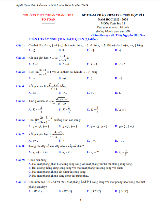 Bộ đề tham khảo cuối học kì 1 (HK1) lớp 11 môn Toán năm 2023 2024 trường Thuận Thành 1 Bắc Ninh