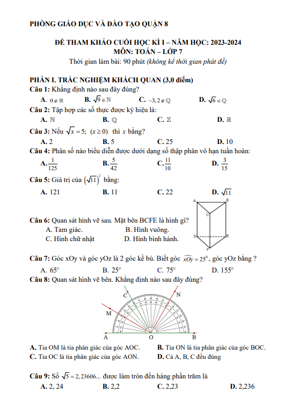 Bộ đề tham khảo cuối học kì 1 (HK1) lớp 7 môn Toán năm 2023 2024 phòng GD ĐT quận 8 TP HCM