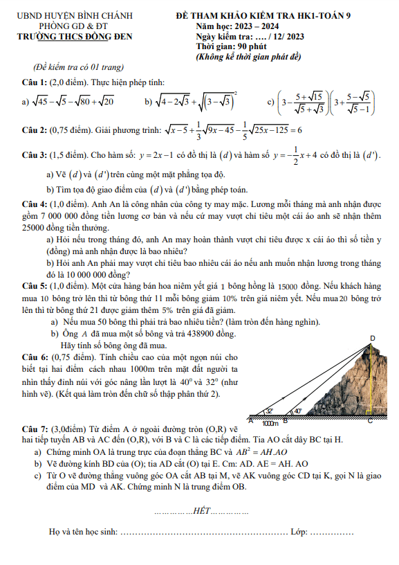 Bộ đề tham khảo cuối học kì 1 (HK1) lớp 9 môn Toán năm 2023 2024 phòng GD ĐT Bình Chánh TP HCM