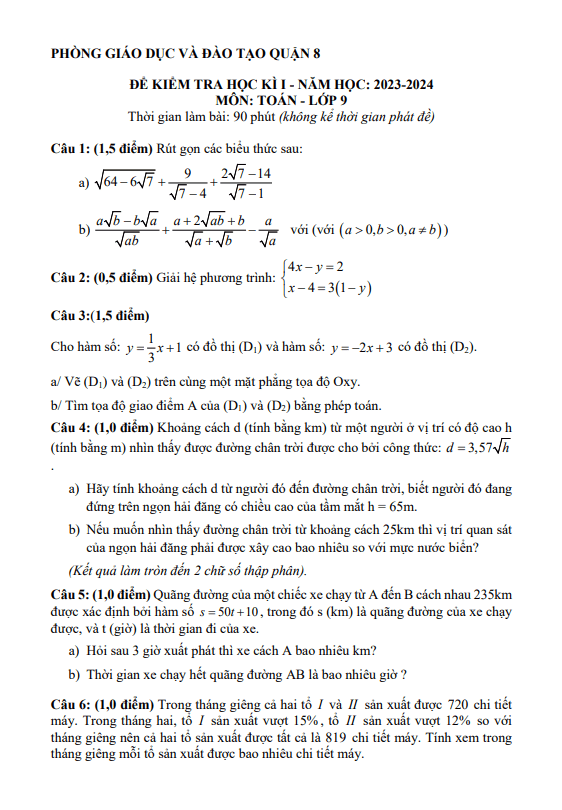 Bộ đề tham khảo cuối học kì 1 (HK1) lớp 9 môn Toán năm 2023 2024 phòng GD ĐT quận 8 TP HCM