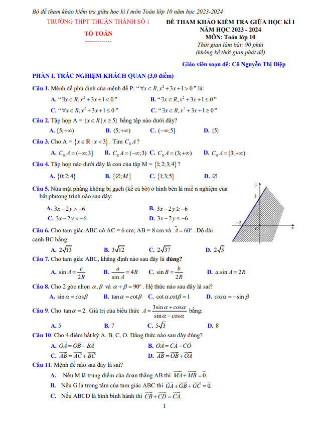 Bộ đề tham khảo giữa học kì 1 (HK1) lớp 10 môn Toán năm 2023 2024 trường Thuận Thành 1 Bắc Ninh