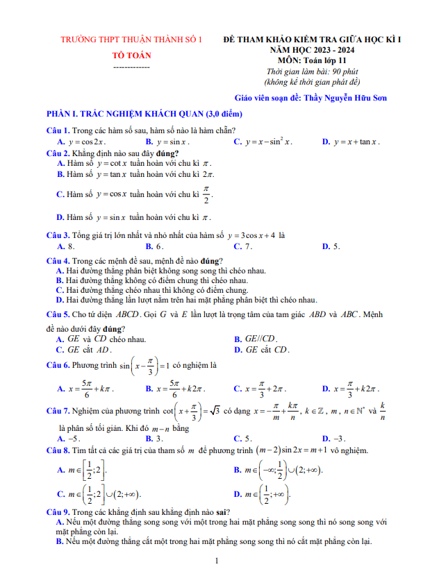 Bộ đề tham khảo giữa học kì 1 (HK1) lớp 11 môn Toán năm 2023 2024 trường Thuận Thành 1 Bắc Ninh