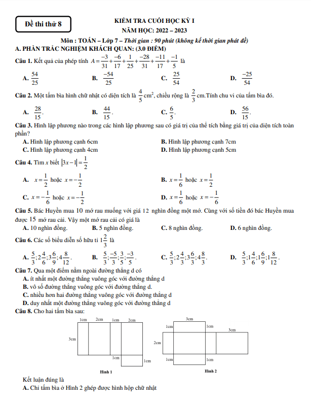 Bộ đề thi thử kiểm tra cuối học kì 1 (HK1) lớp 7 môn Toán Cánh Diều