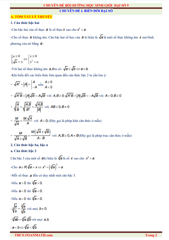 Các chuyên đề bồi dưỡng học sinh giỏi Đại số 9