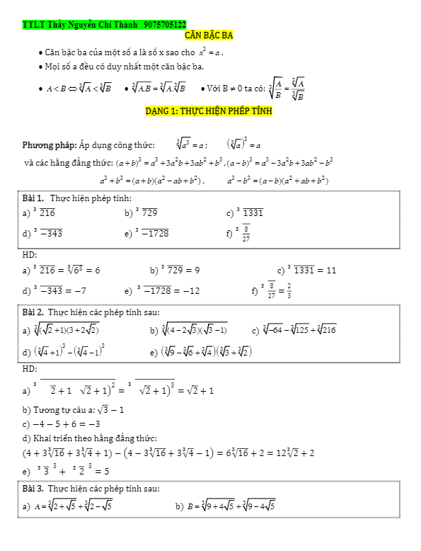 Các dạng toán căn bậc ba Nguyễn Chí Thành