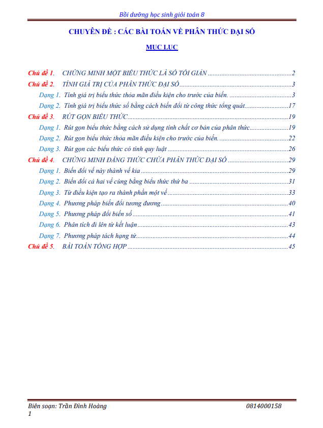 Chuyên đề các bài toán về phân thức đại số bồi dưỡng học sinh giỏi lớp 8 môn Toán