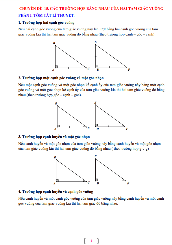 Chuyên đề các trường hợp bằng nhau của tam giác vuông lớp 7 môn Toán