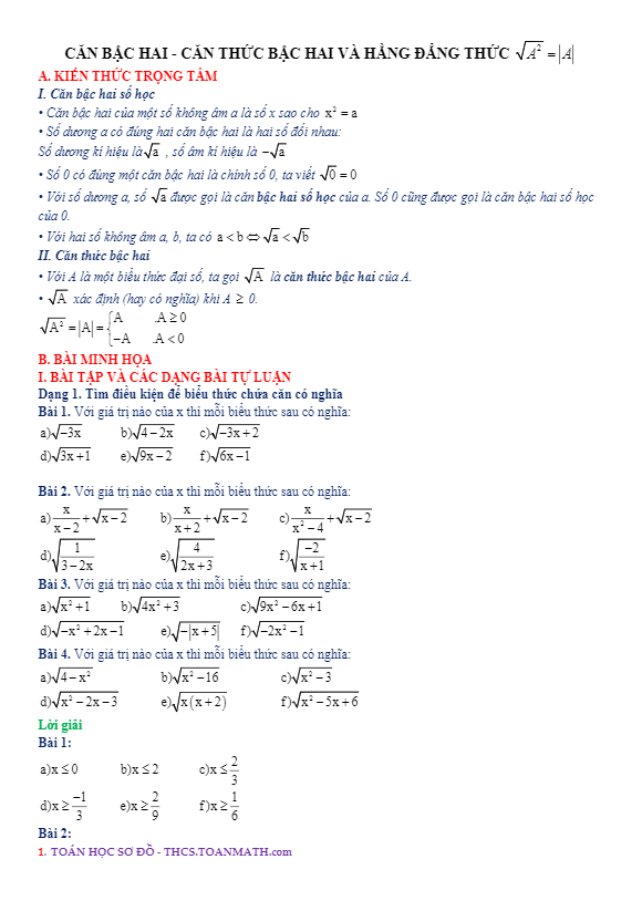 Chuyên đề căn bậc hai, căn thức bậc hai và hằng đẳng thức $\sqrt {{A^2}} = \left| A \right|$