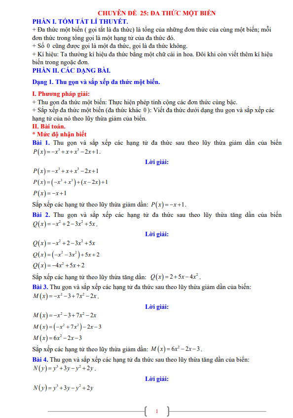 Chuyên đề đa thức một biến lớp 7 môn Toán