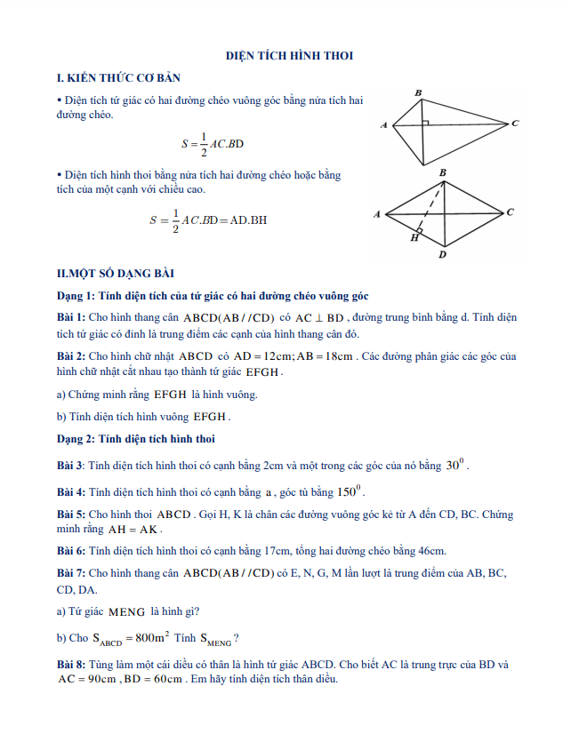 Chuyên đề diện tích hình thoi