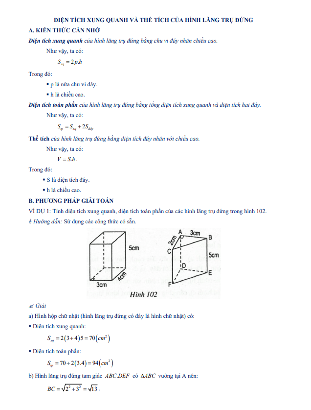 Chuyên đề diện tích xung quanh và thể tích của hình lăng trụ đứng